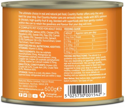 NATURES MENU COUNTRY HUNTER CANS SALMON AND CHICKEN WITH SUPERFOODS FOR ADULT DOGS 600G - Image 4