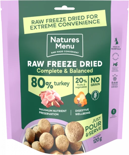 NATURES MENU  COMPLETE FREEZE DRIED FOOD  80/20 TURKEY FOR ADULT DOGS 120G