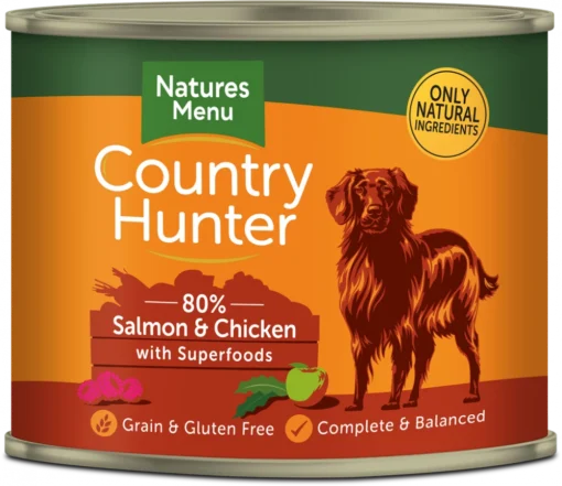 NATURES MENU COUNTRY HUNTER CANS SALMON AND CHICKEN WITH SUPERFOODS FOR ADULT DOGS 600G