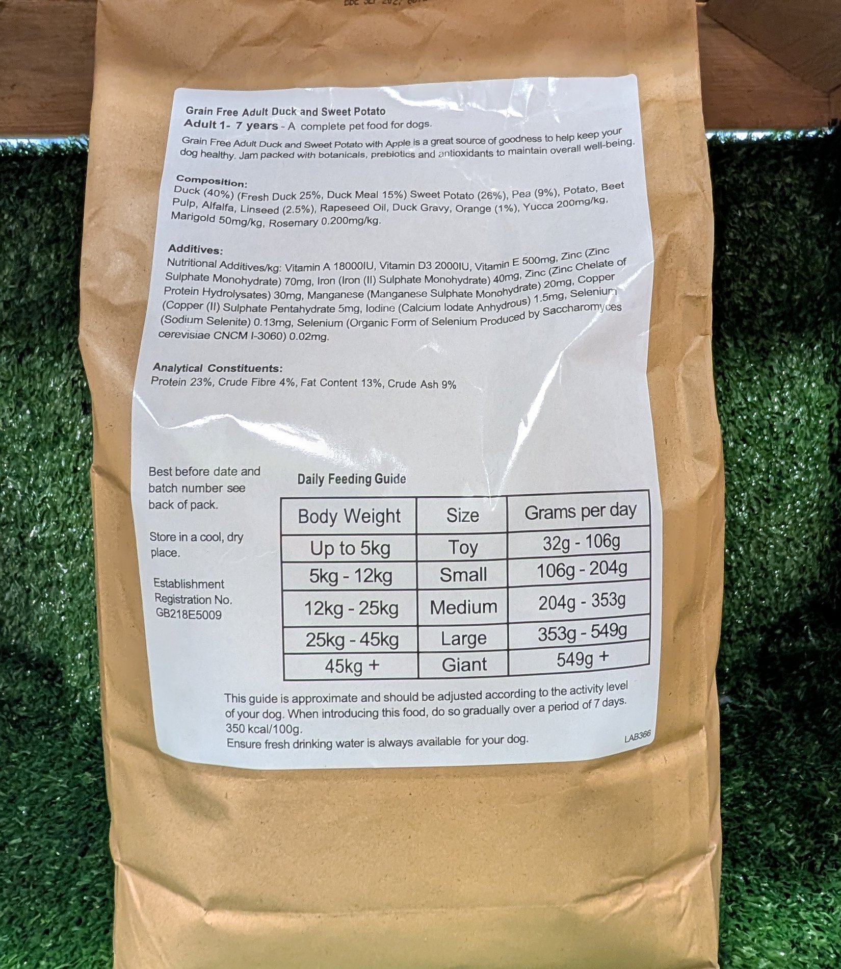 Vital Select grain free dog food back label