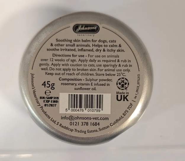 Johnsons vet Soothing skin balm for dogs cats & small animals back